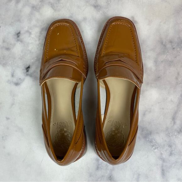 Vince Camuto Eckinti Pecan Patent Leather Block Heel Loafers - Picture 5 of 11